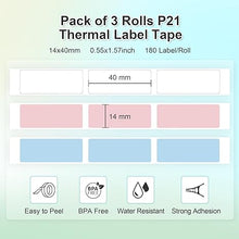 Load image into Gallery viewer, NELKO Genuine P21 Label Maker Tape, Adapted Label Print Paper, 14x40mm (0.55"x1.57"), Standard Laminated Labeling Replacement, Multipurpose of P21, 180 Tapes/Roll, 3-Roll, White/Light Blue/Pink