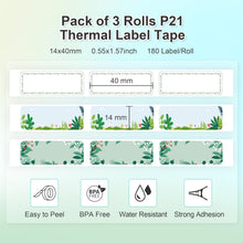 Load image into Gallery viewer, NELKO Genuine P21 Label Maker Tape, Adapted Label Print Paper, 14x40mm (0.55"x1.57"), Standard Laminated Labeling Replacement, Multipurpose of P21, 180 Tapes/Roll, 3-Roll, Plant Theme Tape