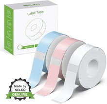 Load image into Gallery viewer, NELKO Genuine P21 Label Maker Tape, Adapted Label Print Paper, 14x40mm (0.55"x1.57"), Standard Laminated Labeling Replacement, Multipurpose of P21, 180 Tapes/Roll, 3-Roll, White/Light Blue/Pink