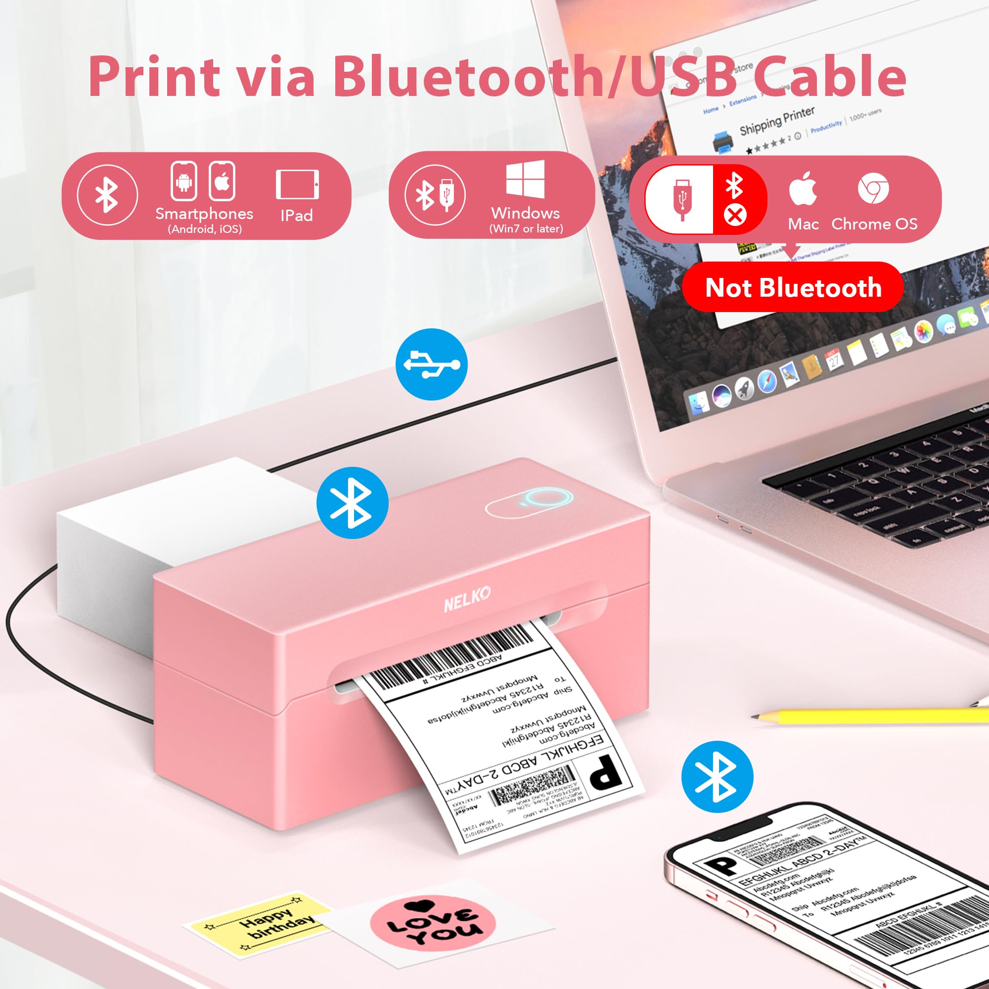 Nelko Bluetooth Thermal Shipping Label Printer PL70e(Pink)