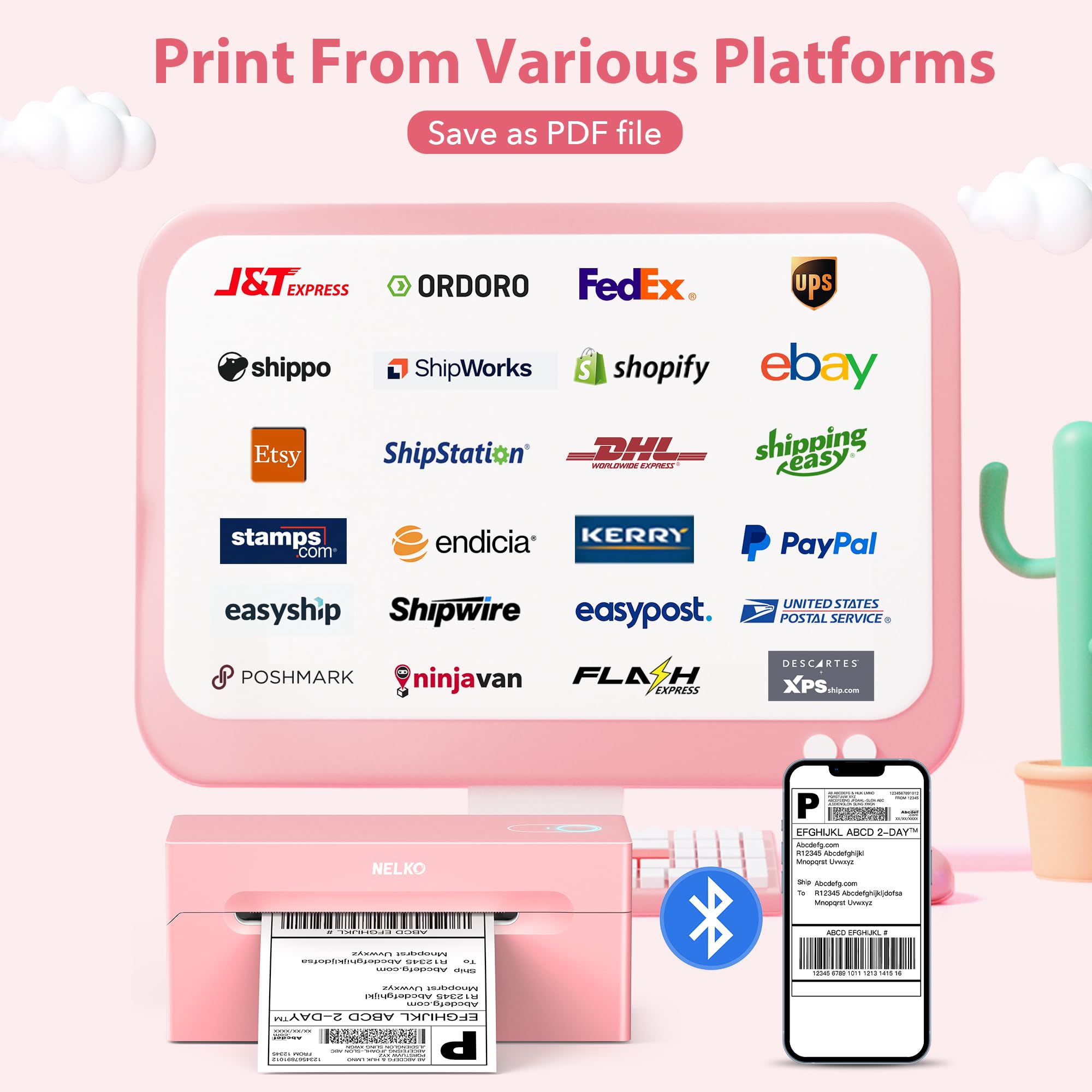 Nelko Bluetooth Thermal Shipping Label Printer PL70e(Pink)