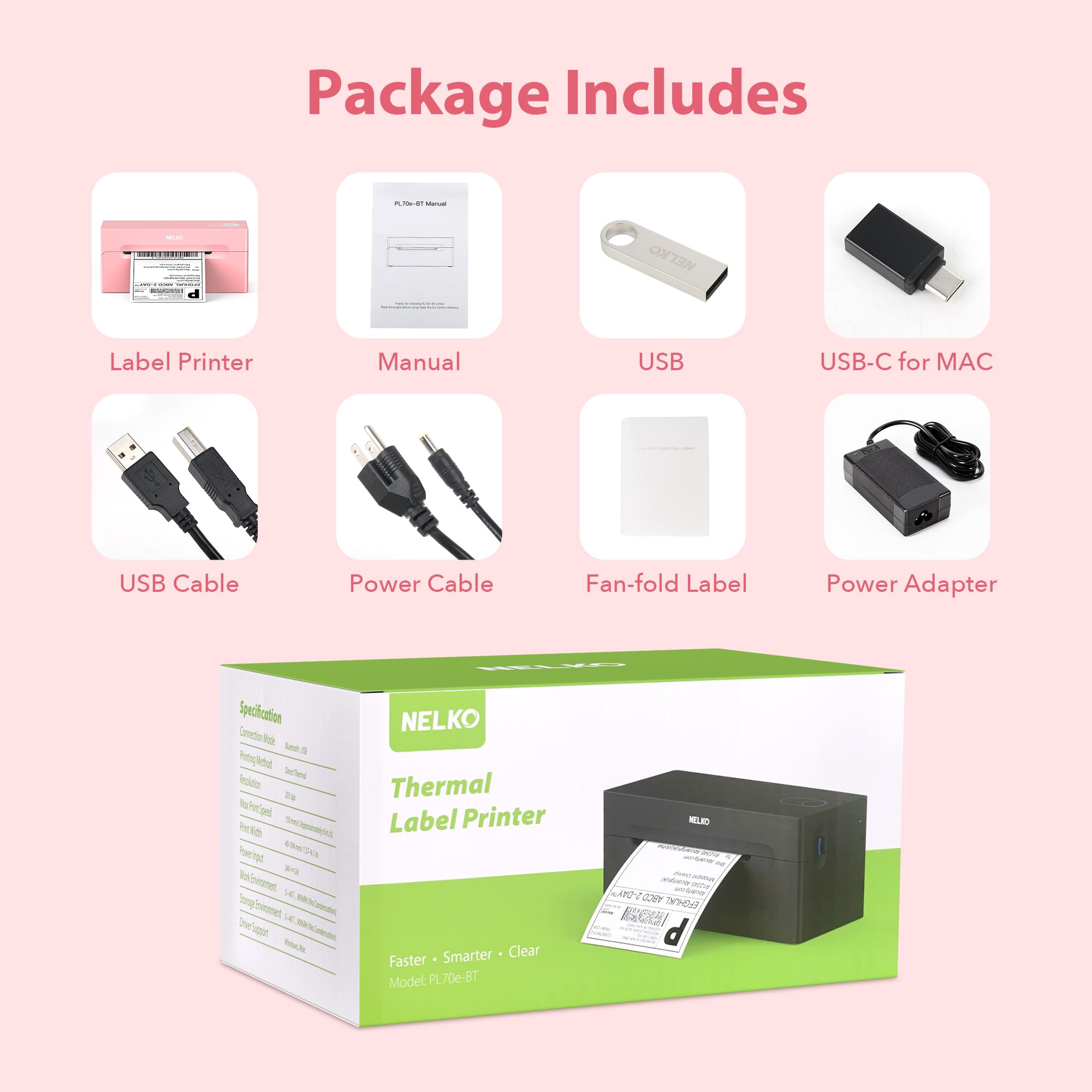 Nelko Bluetooth Thermal Shipping Label Printer PL70e(Pink)